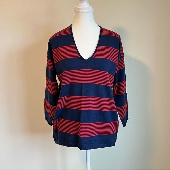 Madewell Deckhouse Striped Red Navy Sweater V-neck Size Small - Picture 2 of 8